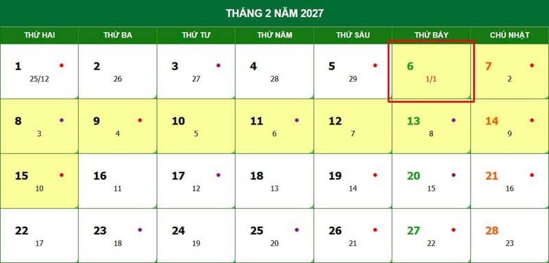 Lịch nghỉ Tết Nguyên đán 2027