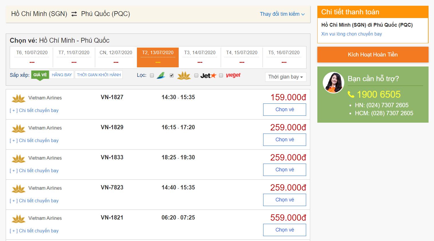 Giá vé máy bay đi Phú Quốc Vietnam Airlines