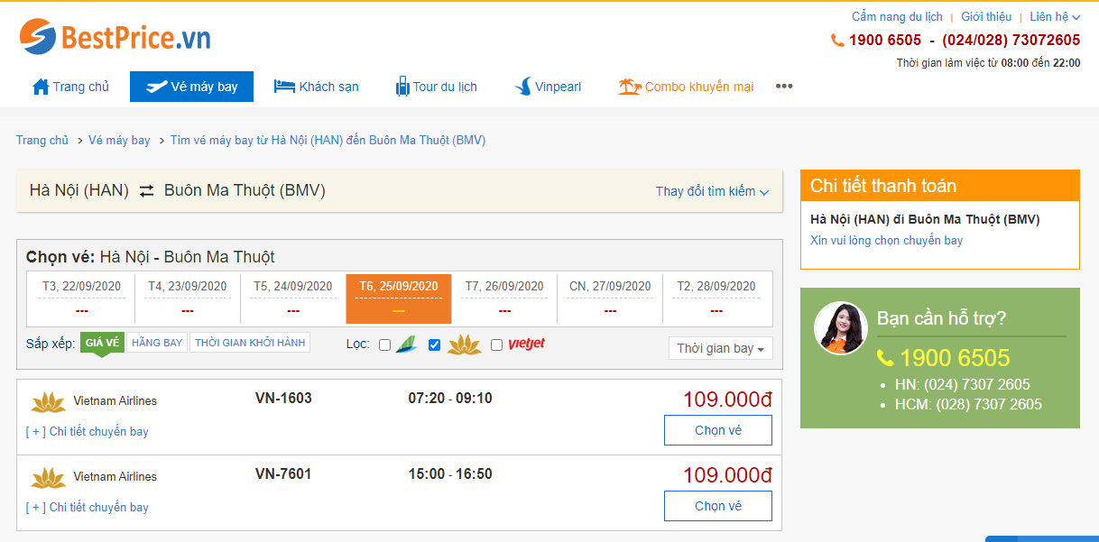 Vé máy bay đi Buôn Ma Thuột hãng Vietnam Airlines