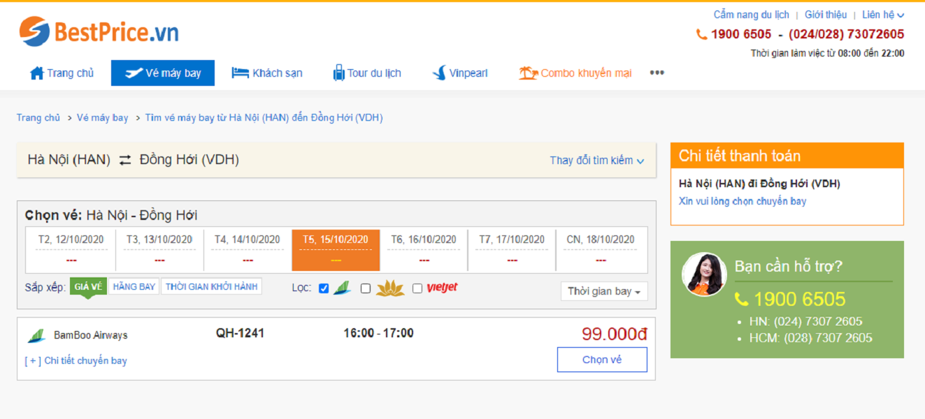 Vé máy bay đi Đồng Hới Bamboo Airways