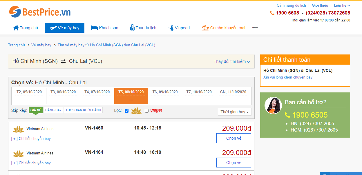Vé máy bay đi Chu Lai Vietnam Airlines