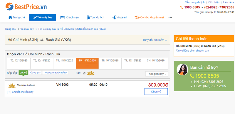 Vé máy bay đi Rạch Giá Vietnam Airlines