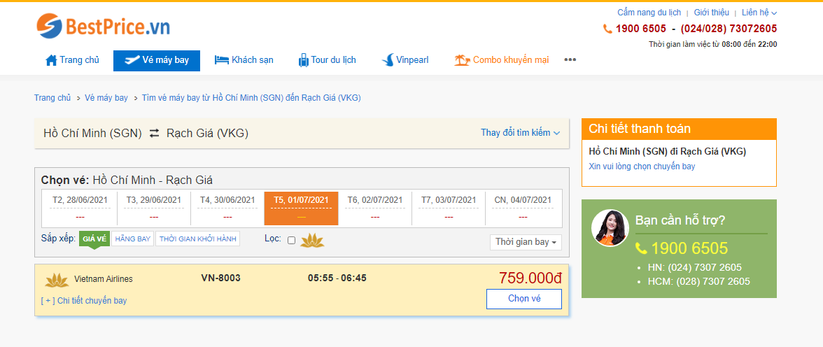 Vé máy bay đi Rạch Giá tháng 7