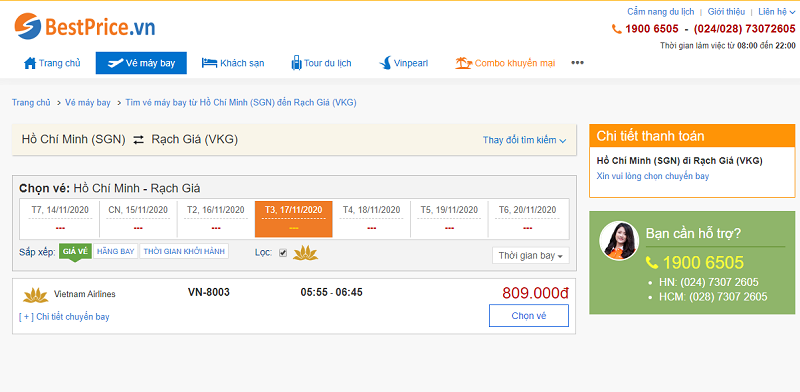 Vé máy bay đi Rạch Giá tháng 11