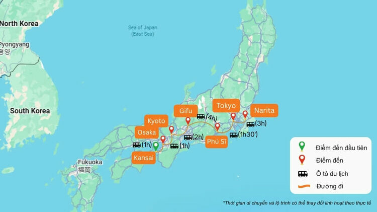 Bản đồ tham khảo lịch trình tour Nhật Bản