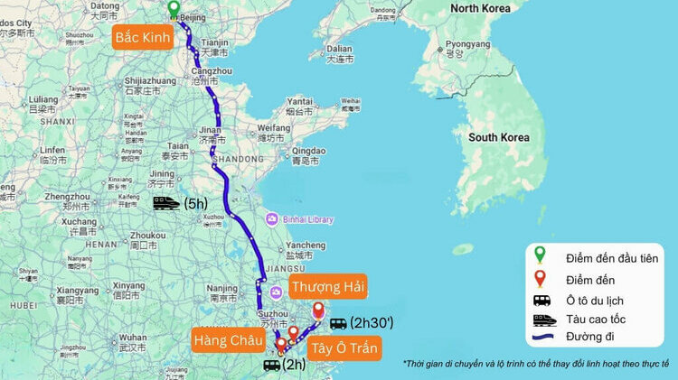 Bản đồ tham khảo lịch trình tour Bắc Kinh - Thượng Hải 7N6Đ