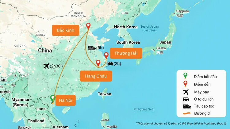 Bản đồ di chuyển Hà Nội - Bắc Kinh - Hàng Châu - Thượng Hải