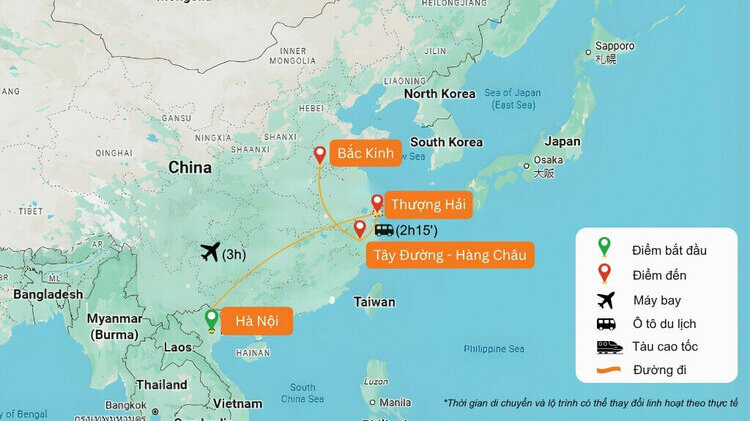 Hành trình di chuyển tour Thượng Hải - Hàng Châu - Tây Đường - Bắc Kinh 7N6Đ (Bay Vietnam Airlines)