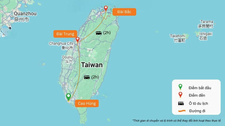 Bản đồ lịch trình tham khảo tour Đài Loan 5N4Đ