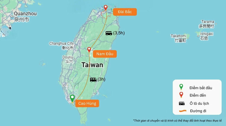 Bản đồ lịch trình tour Đài Loan 5N4Đ: Đài Bắc – Đài Trung – Cao Hùng