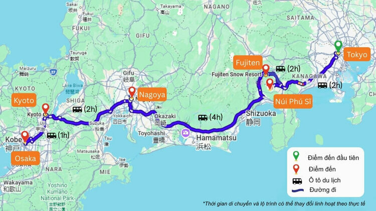 Bản đồ tham khảo hành trình tour Nhật Bản 6N5Đ