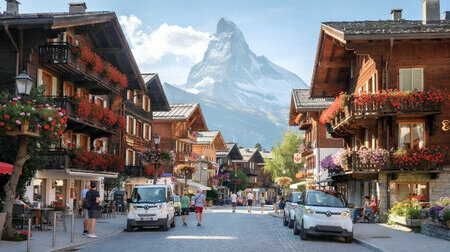 Thị trấn Zermatt với những căn chalet gỗ truyền thống và núi Alps phía sau