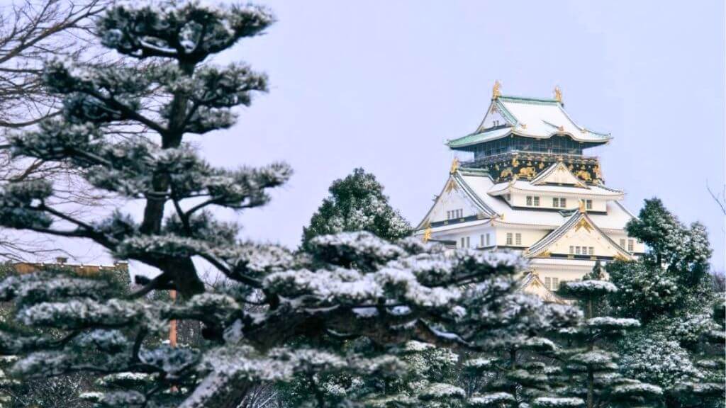 Một góc thơ mộng dưới tuyết rơi tại Lâu đài Osaka