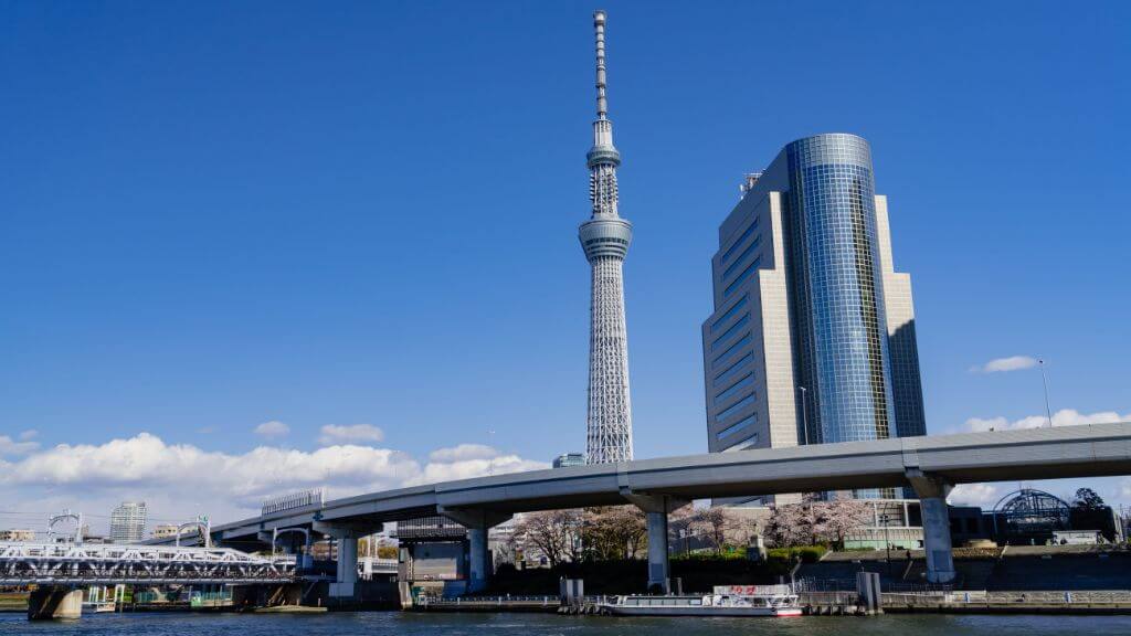 Ngắm nhìn cảnh quan của Tokyo Sky Tree tại công viên Sumida