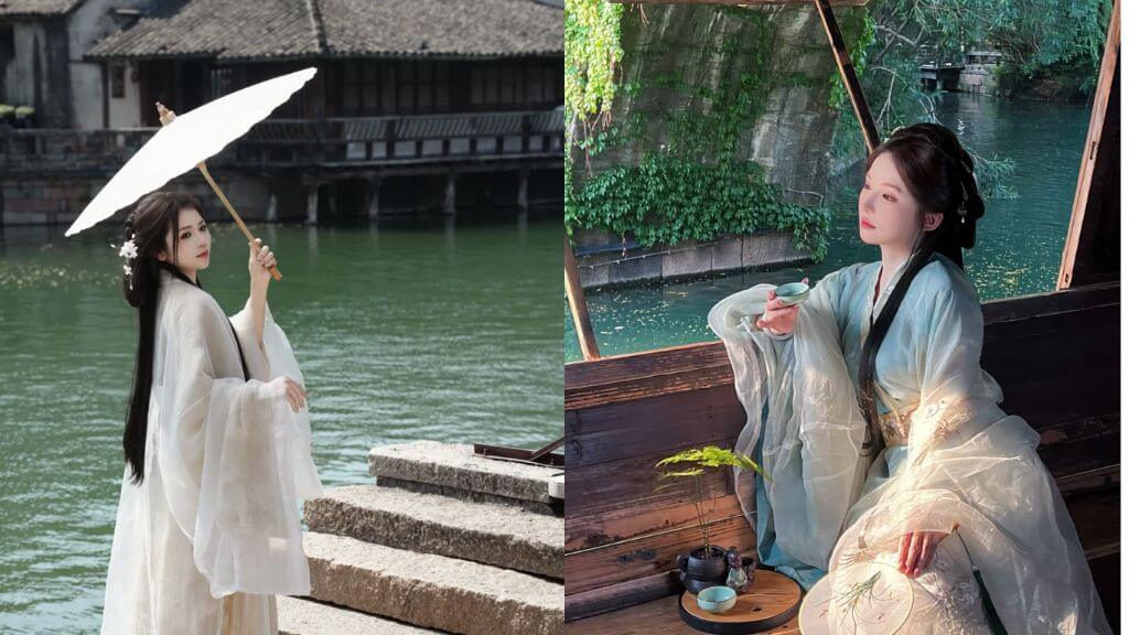 Du khách thả dáng bên Ô Trấn