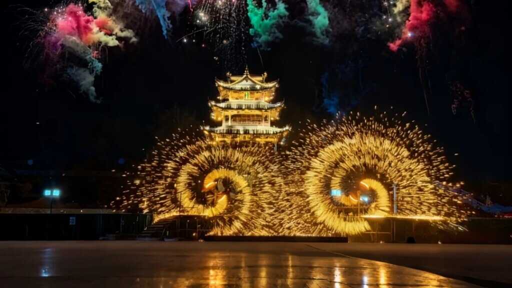 Biểu diễn “đập sắt hoa lửa” tại thị trấn Tề Vân Tường Nguyên