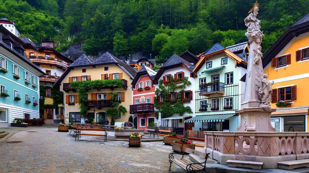 Khu phố cổ Hallstatt cùng những ngôi nhà gỗ, mái dốc và con đường nhỏ
