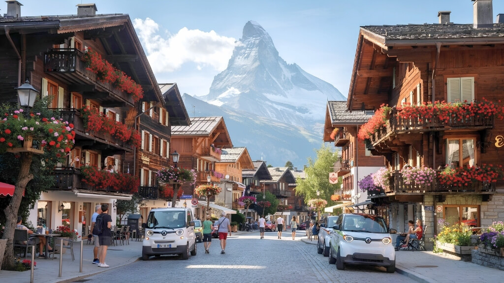 Thị trấn Zermatt với những căn chalet gỗ truyền thống và núi Alps phía sau