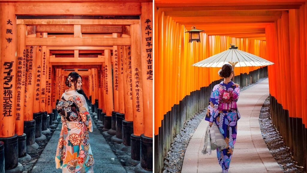 Du khách checkin tại Đền Fushimi Inari với Kimono Nhật Bản