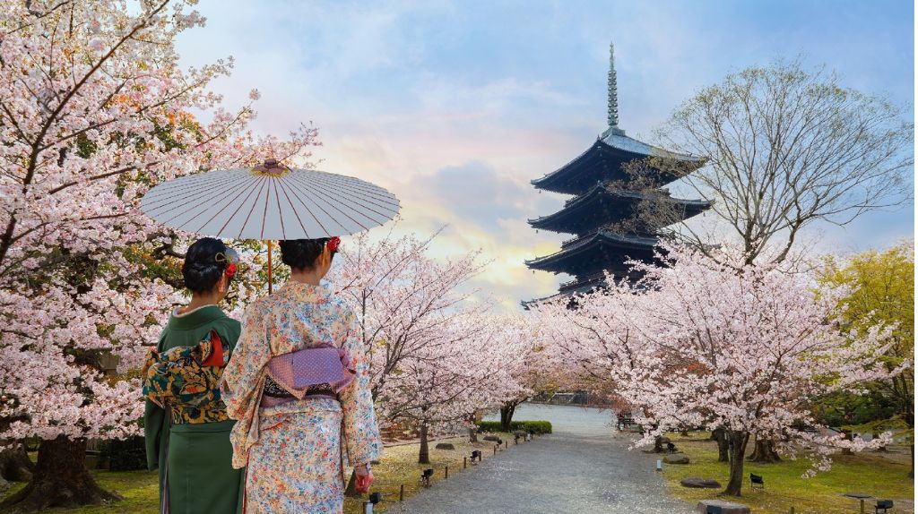 Du khách chụp ảnh cùng trang phục truyền thống Kimono tại chàu Đông Tự