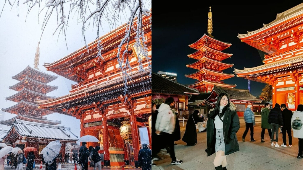 Chùa Asakusa Kannon nổi bật giữa mùa đông Nhật Bản