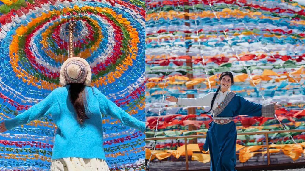 Du khách thích thú Check in Cờ Lungta Shangri La