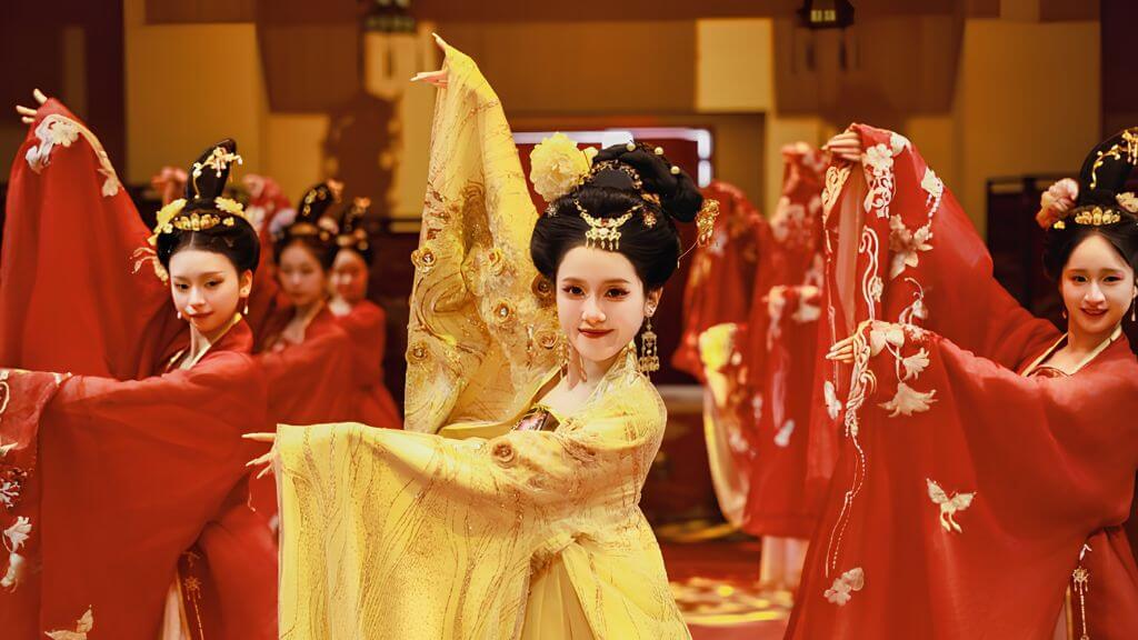 Những vũ công uyển chuyển tái hiện vẻ đẹp huyền ảo và câu chuyện ngàn năm trên sân khấu.